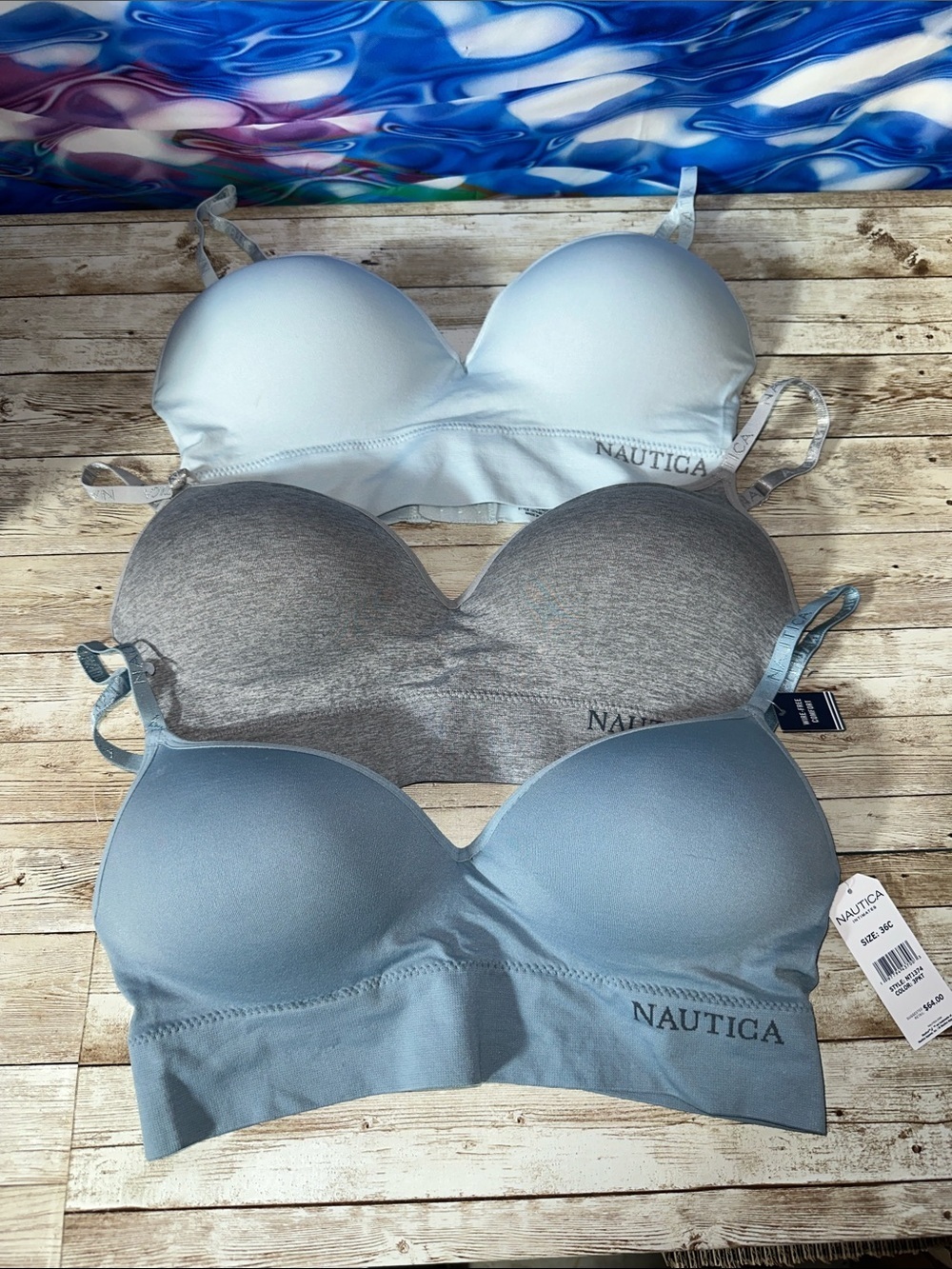 NWT Nautica Wire Free Bra 3 Pack 36C Light Blue, Heather Gray & Pale Blue